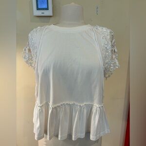 Anthropologie White Crochet-Sleeve Peplum Tee
